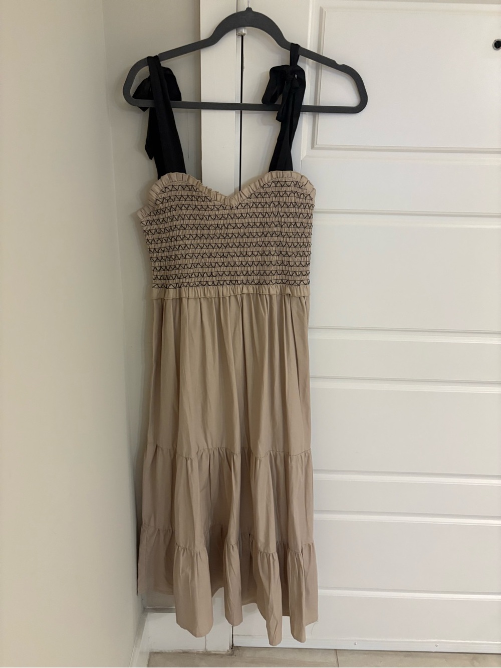Beige Smocked Midi Dress with Black Tie Straps